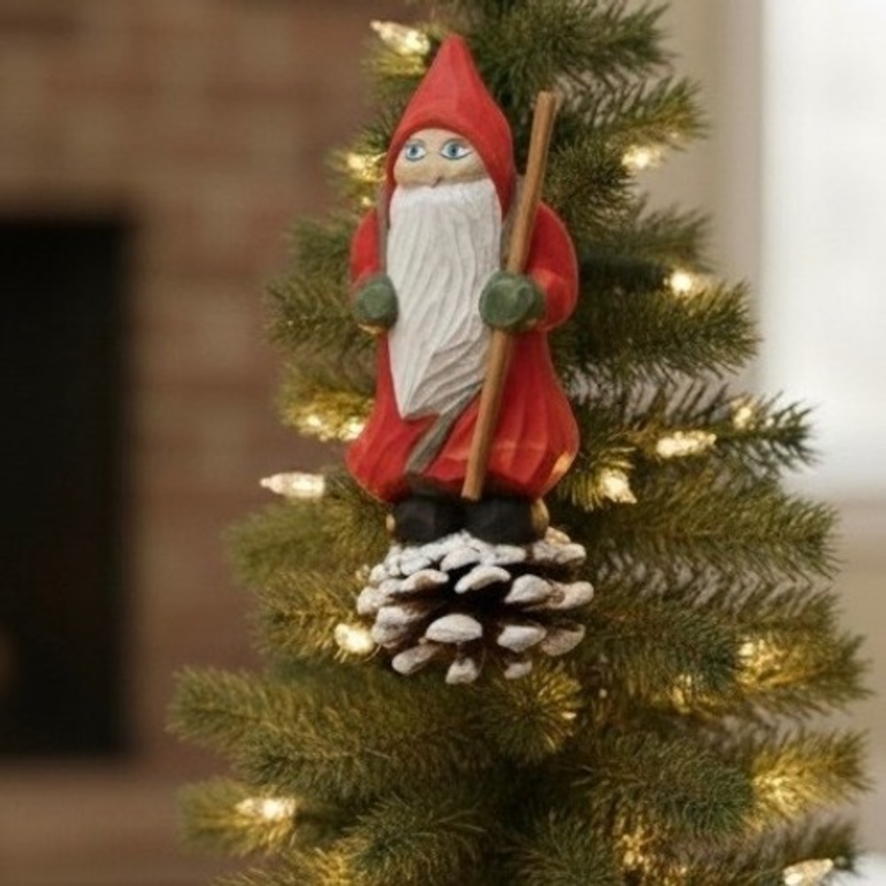 Hand Carved Wood Gnome Christmas Ornament Pinecone Galerie II New‎